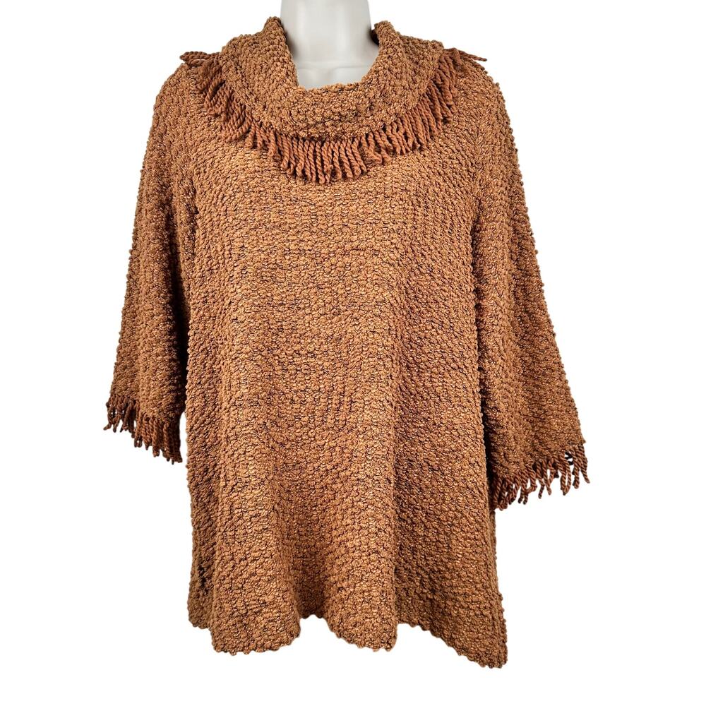 Ali Miles Boucle Knit Sweater Fringe Cowl Neck Tunic 3/4 Sleeve Carmel PM Petite